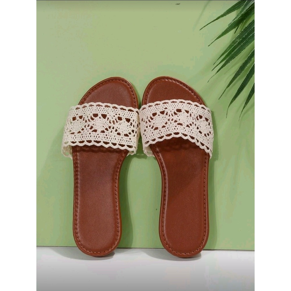 Womens Crochet Strap Slide Sandals Brown Sole Cream Lace Flat Slip On‎ Shoes 6.5